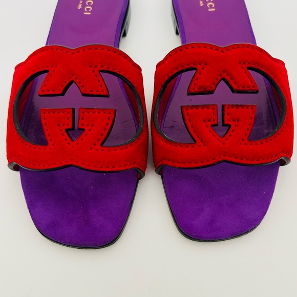 Gucci Red and Purple Suede Interlocking GG Cut Out Slide Sandals Size IT 36 - Picture 3 of 9